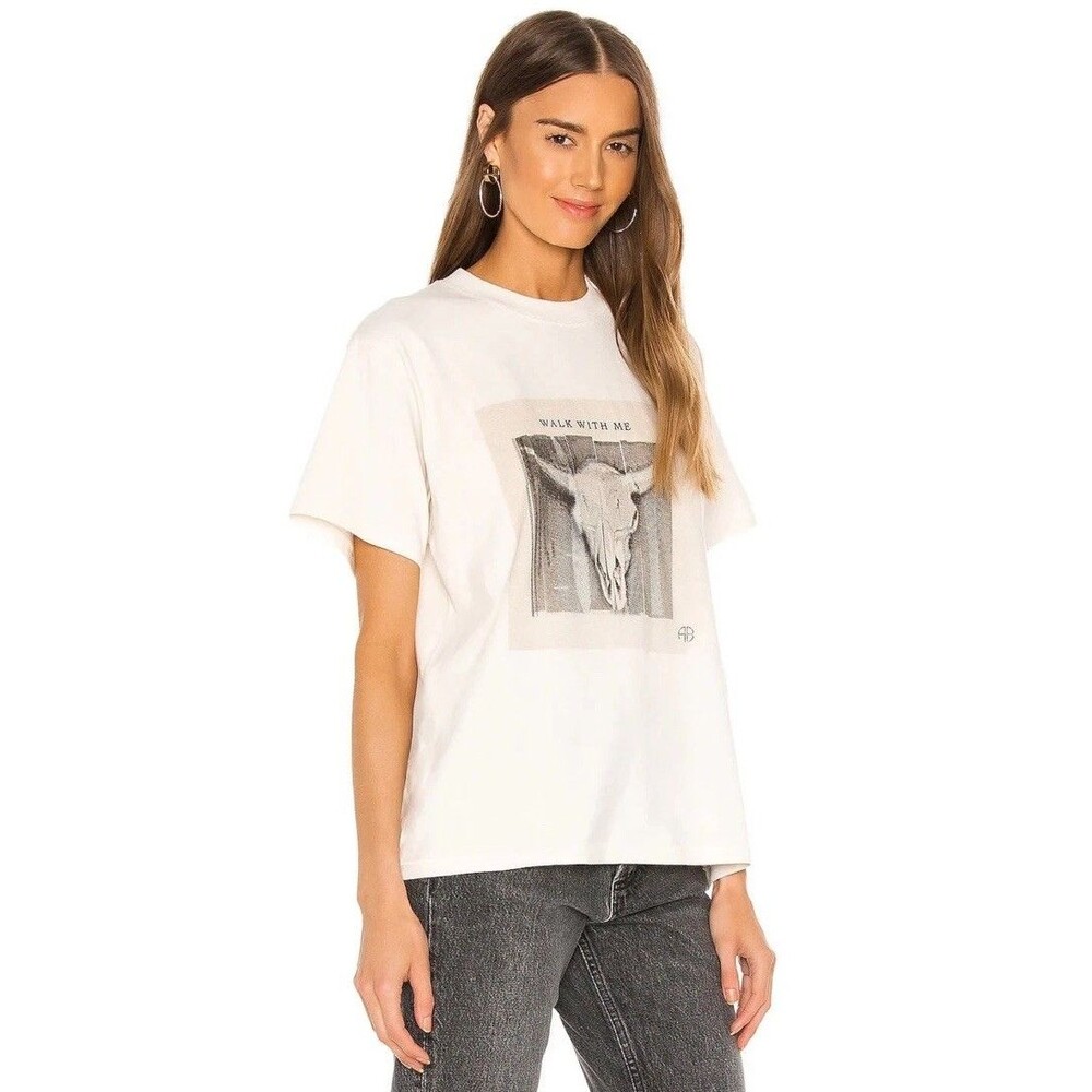 Anine Bing Lili Walk With Me Tee Women’s Size L Ivory Graphic Crew Neck Logo